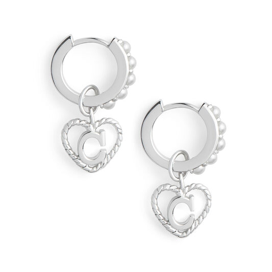 'C' Faux Pearl Heart Initial Huggie Hoop Silver