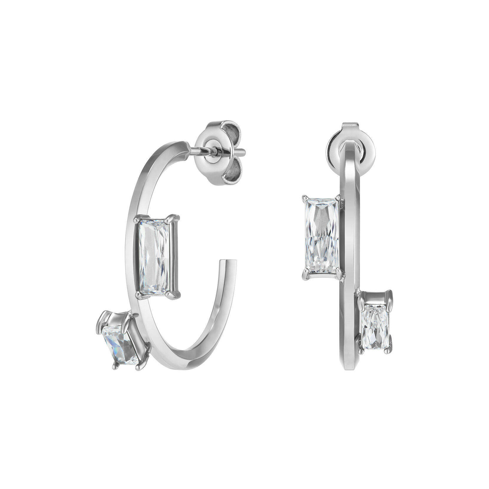 Baguette Crystal Silver Tone Hoop Earrings