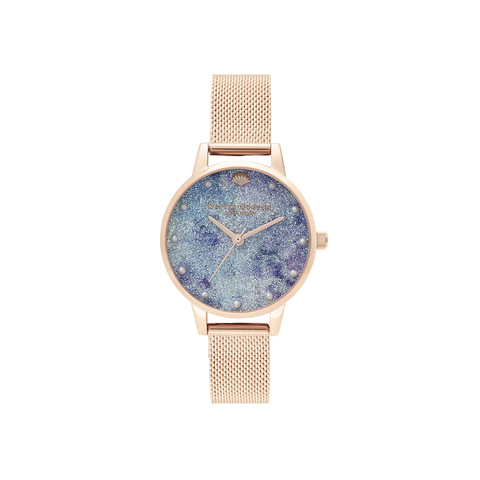 Deep Sea Midi Dial Faux Pearl Markers Rose Gold Mesh Watch | Olivia ...