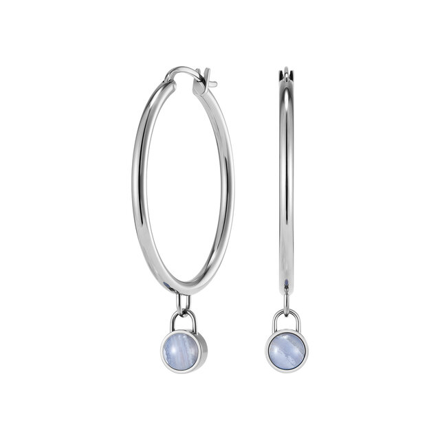 Purple Agate Cabochon Silver Tone Gemstone Hoop Earrings