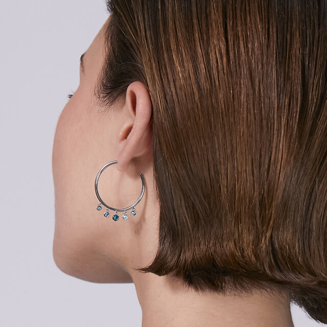 Mini Droplet Blue Crystal Silver Tone Hoop Earrings