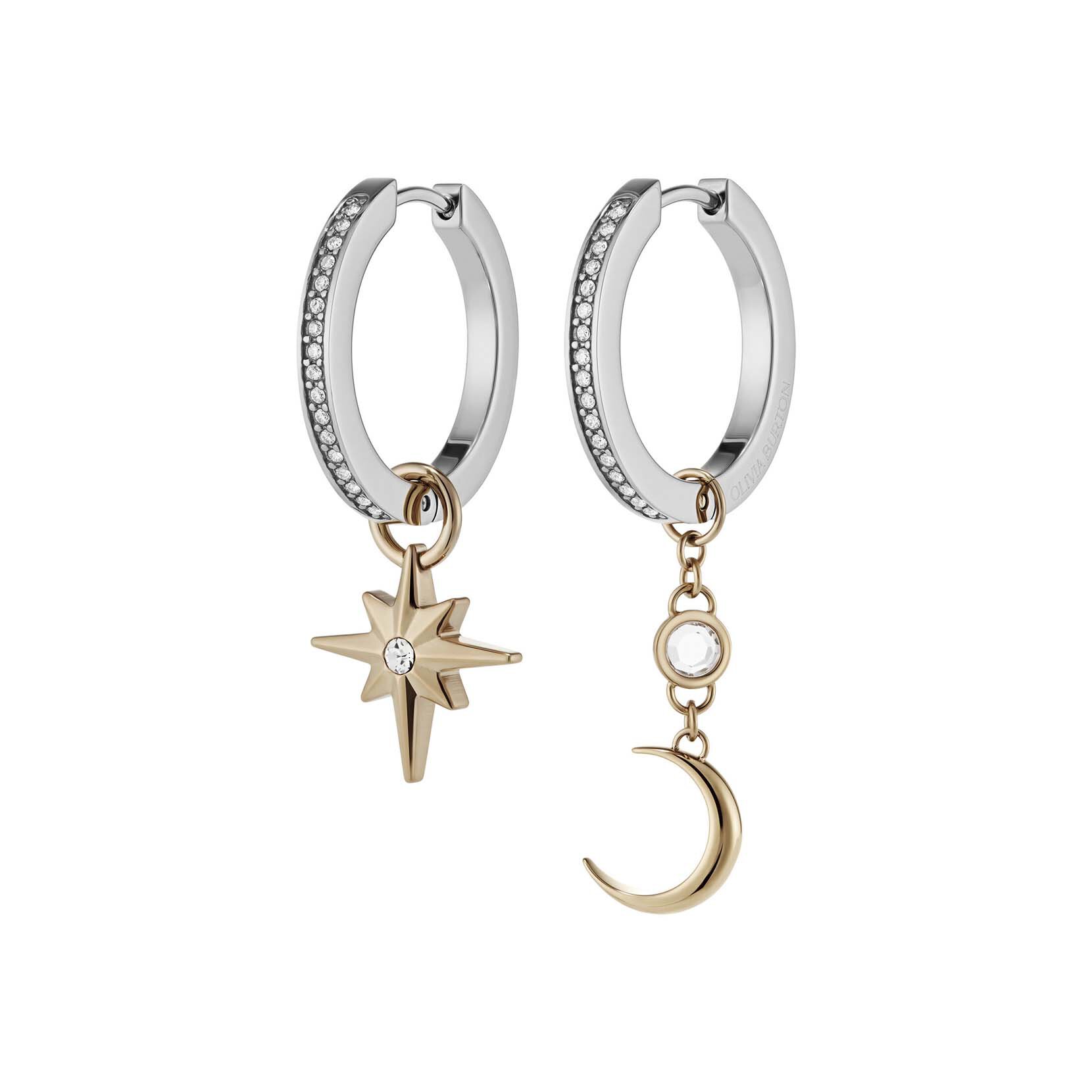 Celestial Star and Moon Silver Tone Huggie Earrings