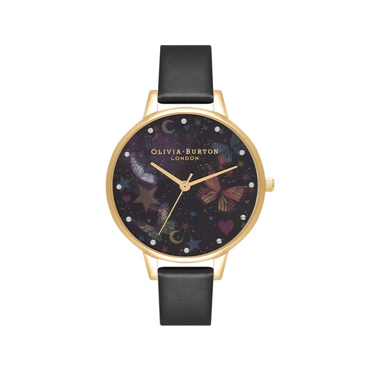 34mm Gold & Black Vegan Leather Strap Watch