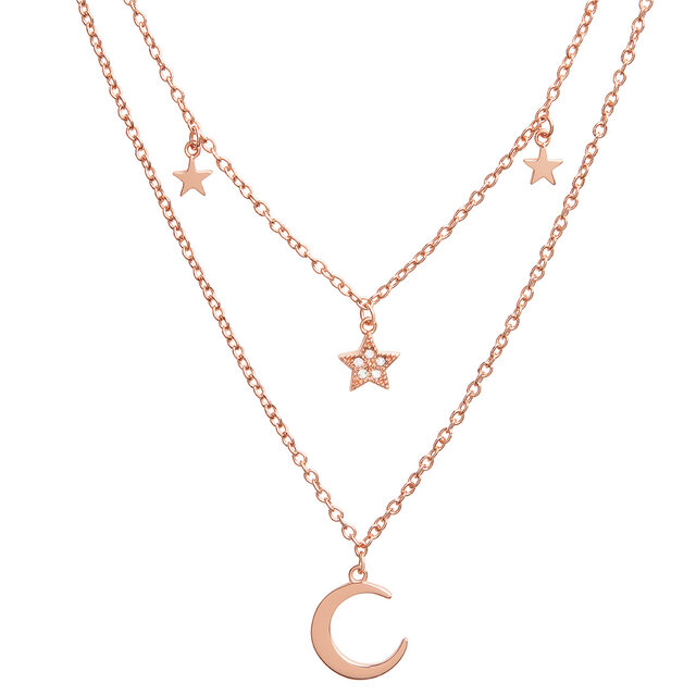 Rose Gold Moon & Star Double Chain Necklace