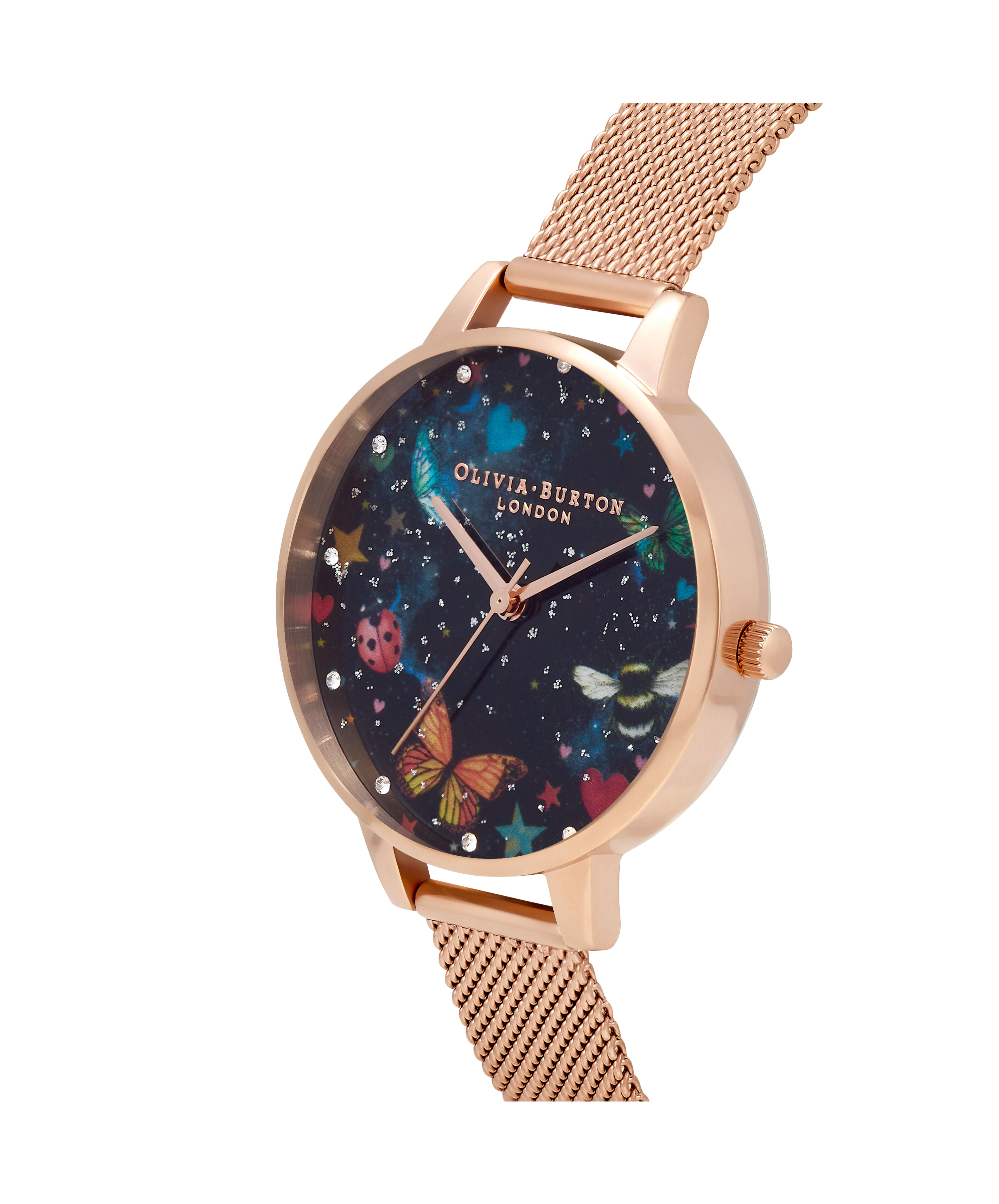 Night Garden 34mm Black Rose Gold Mesh Watch Olivia Burton London
