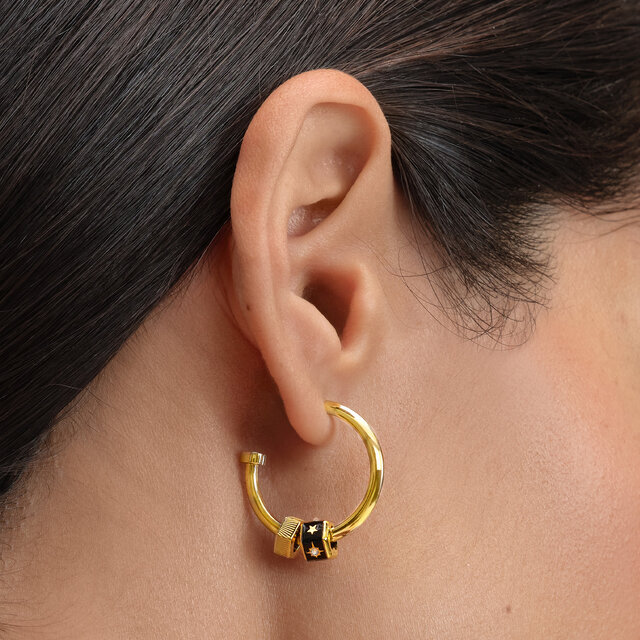 Black & Gold Plated Bead Charm Hoop Earrings