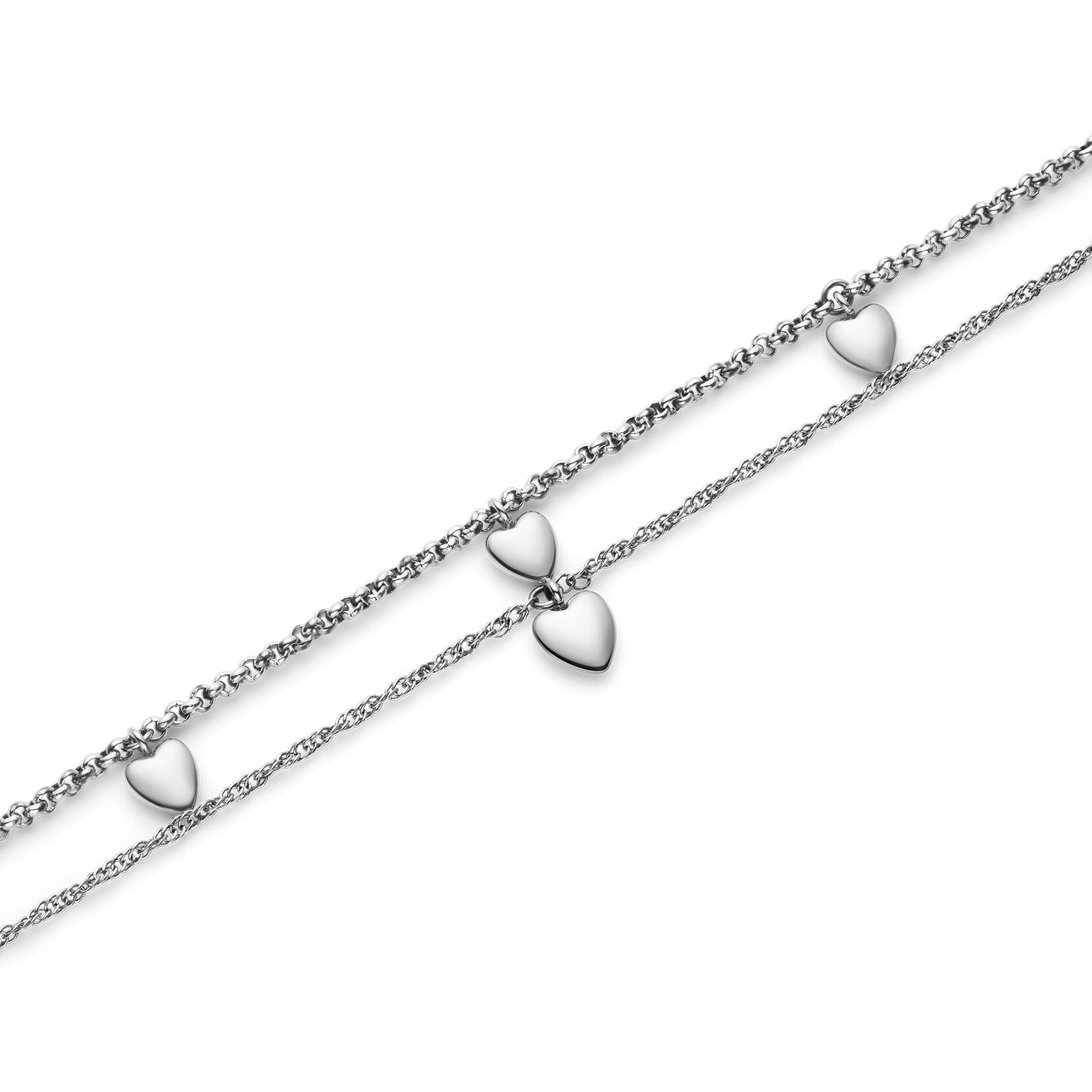 Mini Heart Silver Tone Double Chain Bracelet