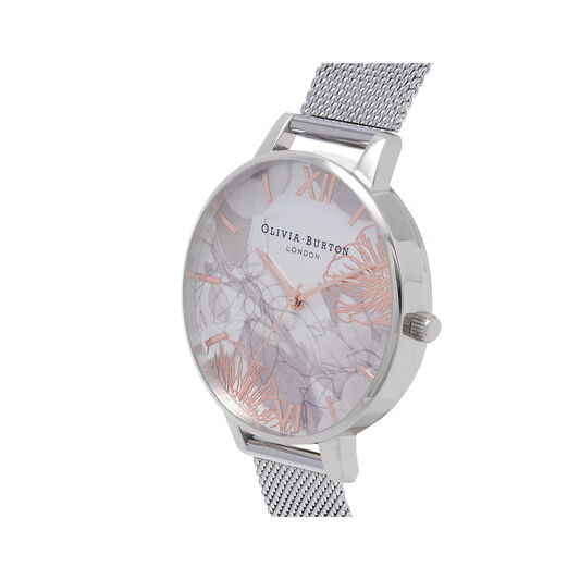 Abstract Florals Silver Mesh Watch