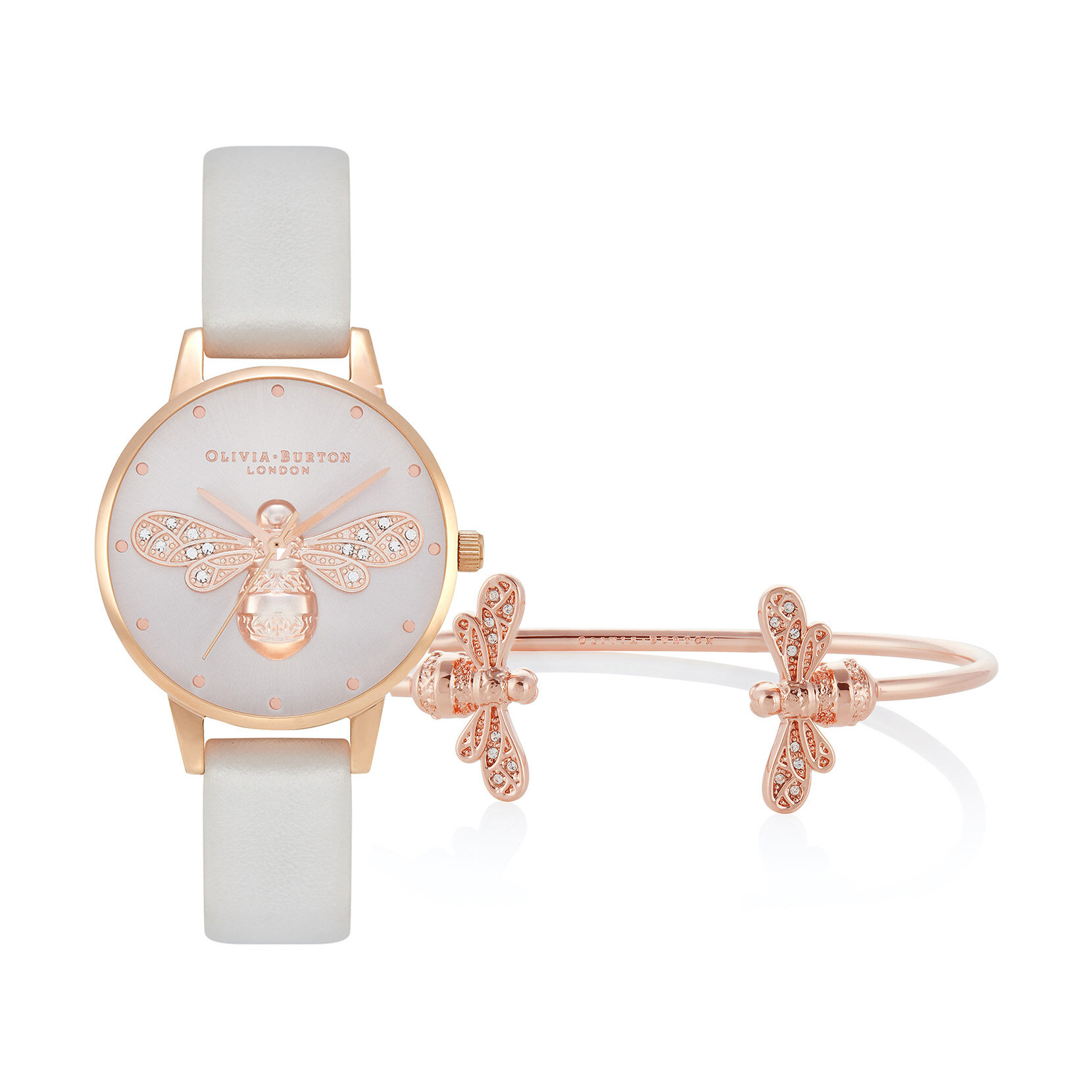 Sparkle Bee 30mm Rose Gold & Gray Leather Strap Watch & Rose Gold Bangle  Gift Set | Olivia Burton London