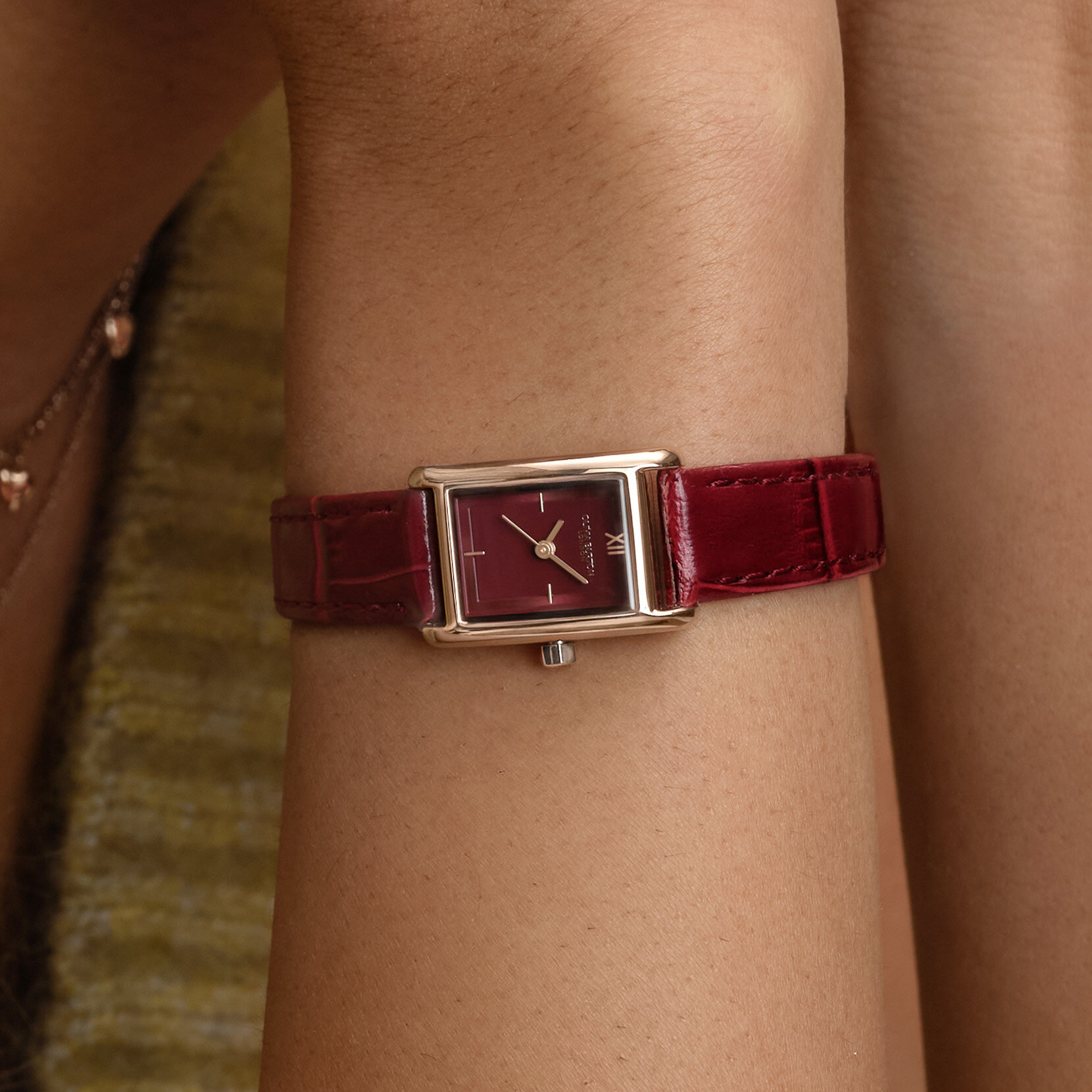 16mm Mini Grove Rose Gold & Cherry Croc Leather Strap Watch