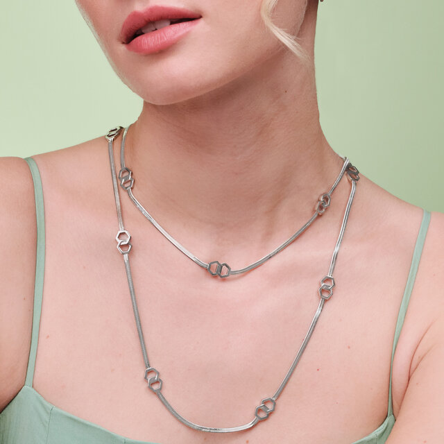 Honeycomb Loop Silver Tone Long Necklace