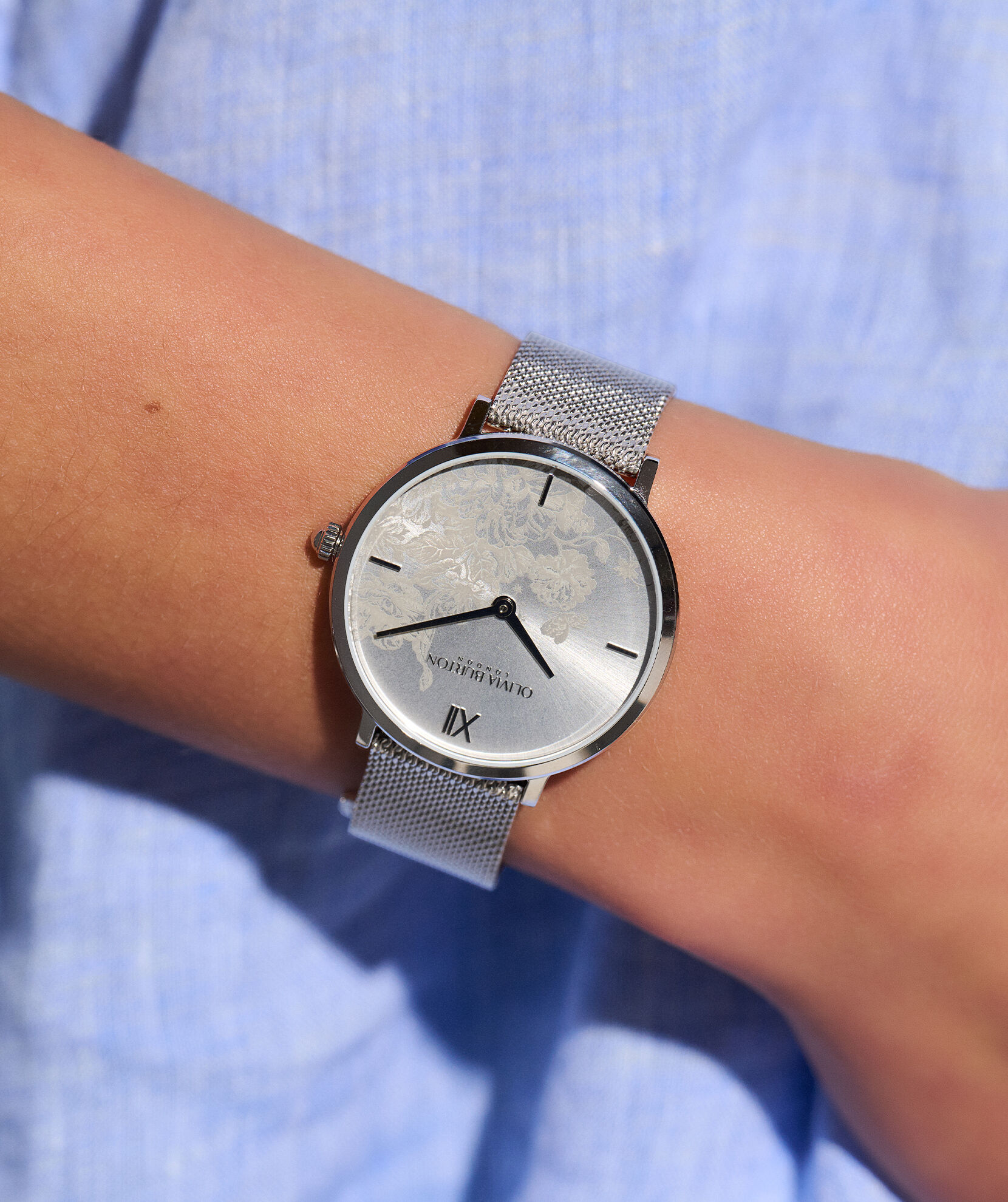 Signature 35mm Floral Blooms Ultra Slim Silver Mesh Watch Olivia Burton London