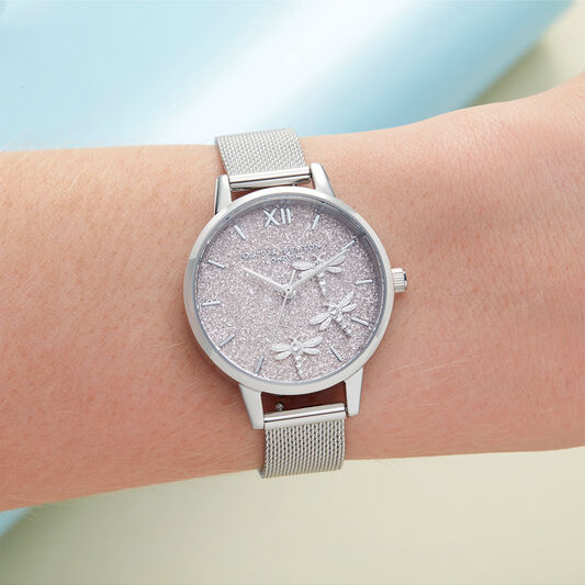 Dancing Dragonfly Blush Glitter Dial & Silver Mesh