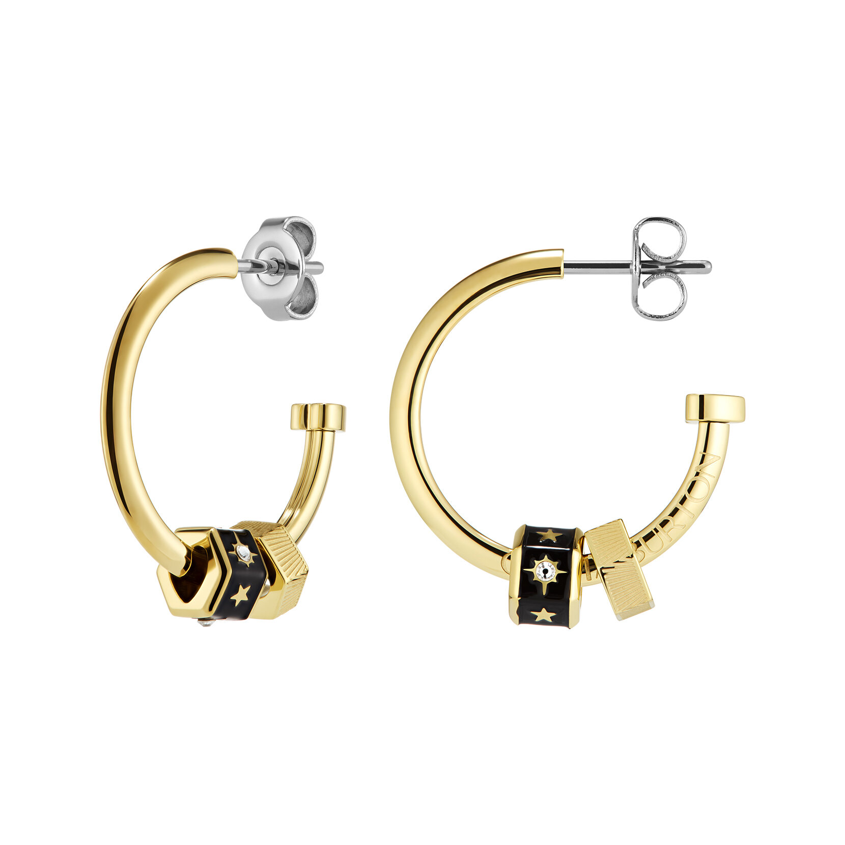 Black & Gold Plated Bead Charm Hoop Earrings