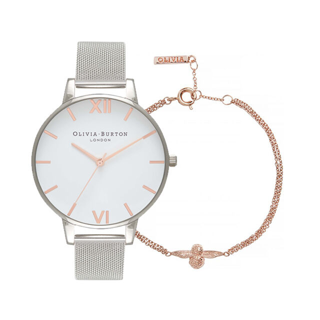 White Dial Rose Gold & Silver Mesh Watch and 3D Bee Rose Gold Bracelet Gift Set
