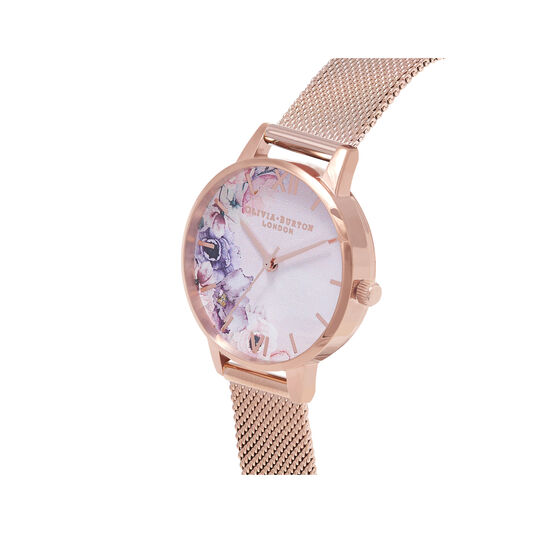 Watercolour Florals Gold Mesh Watch