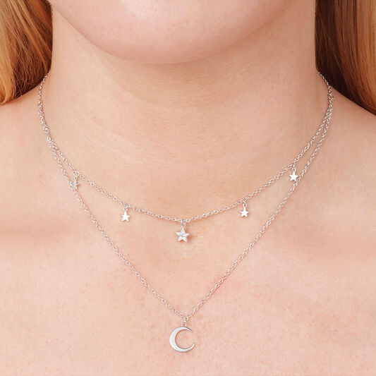 Celestial Double Crescent Moon and Star Necklace Silver