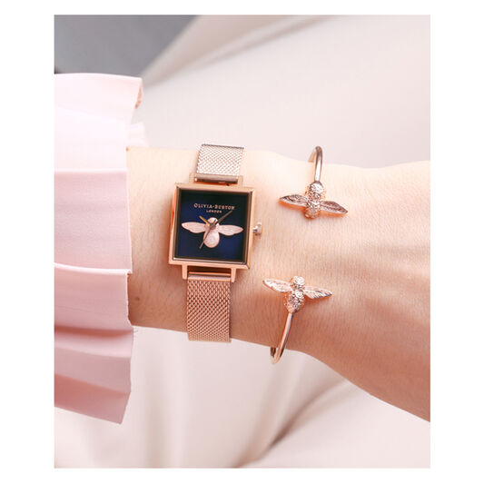 Square Dial 3D Bee Midnight & Rose Gold Mesh Watch