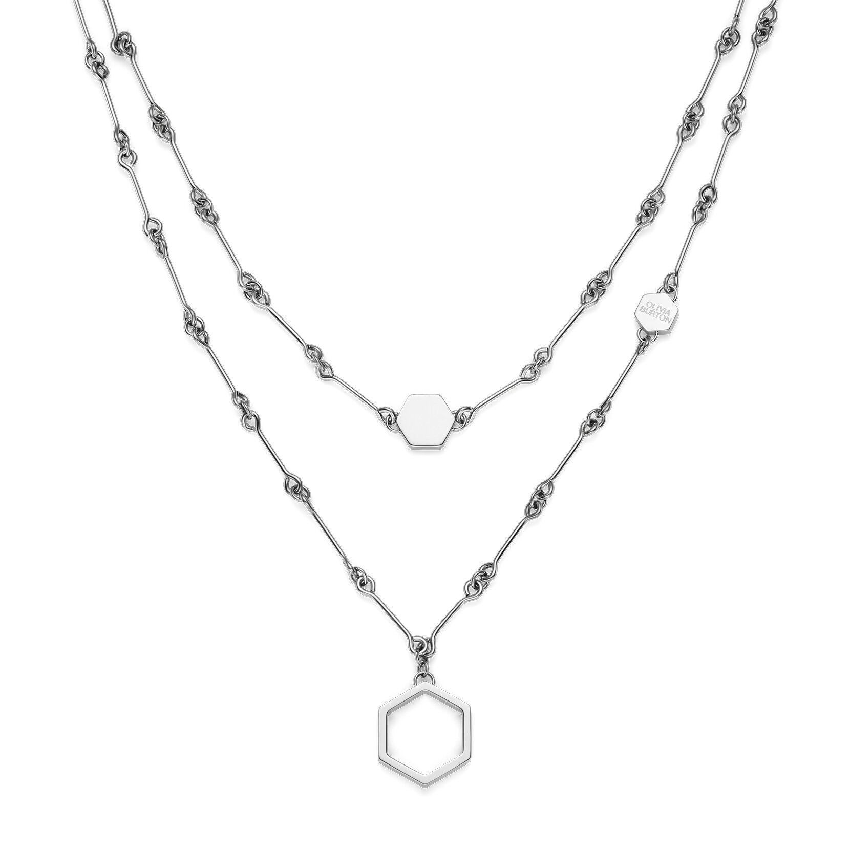 Honeycomb Silver Tone Double Chain Necklace