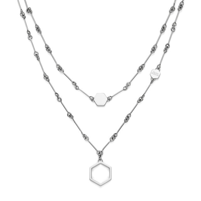 Honeycomb Silver Tone Double Chain Necklace