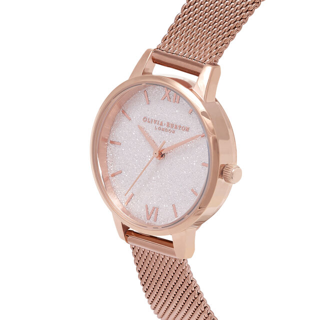 Midi White Glitter Dial Rose Gold Mesh Watch