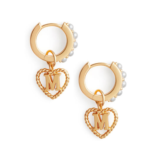 'M' Faux Pearl Heart Initial Huggie Hoop Gold
