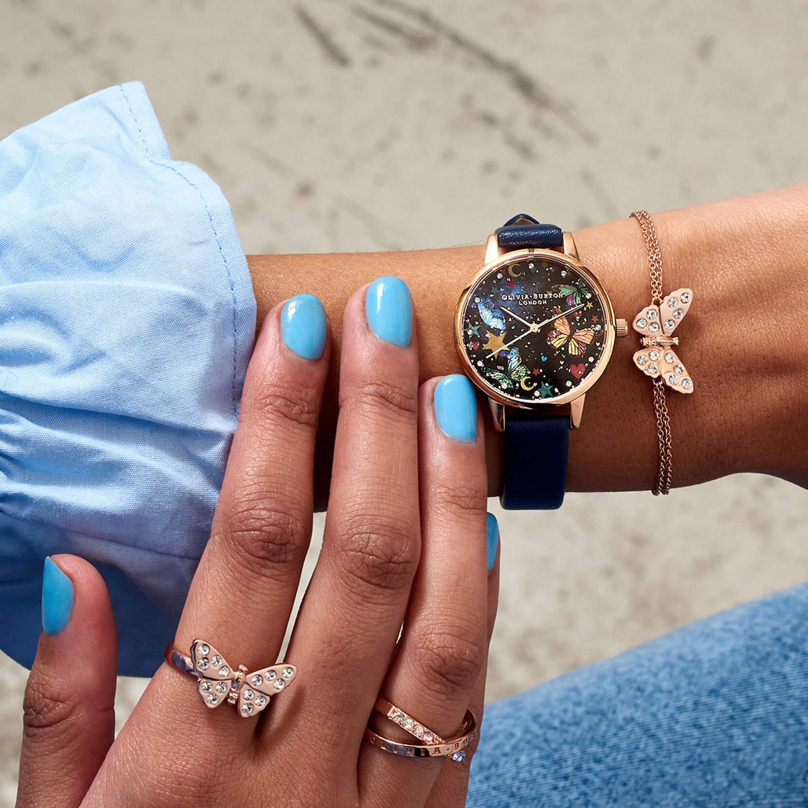 Midi Night Garden Butterflies Navy & Rose Gold Watch
