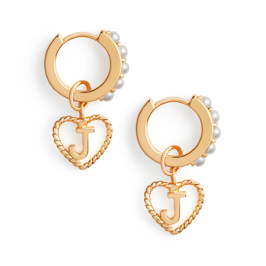 'J' Faux Pearl Heart Initial Huggie Hoop Gold