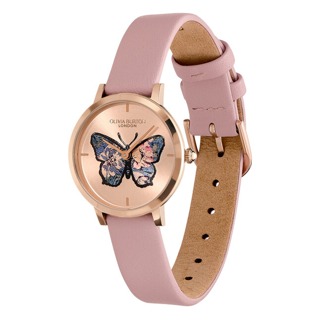 28mm Butterfly Ultra Slim Rose Gold & Mellow Rose Leather Strap Watch