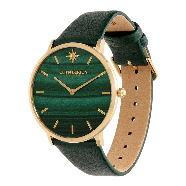 40mm Faux Malachite, Gold & Green Leather Strap Watch
