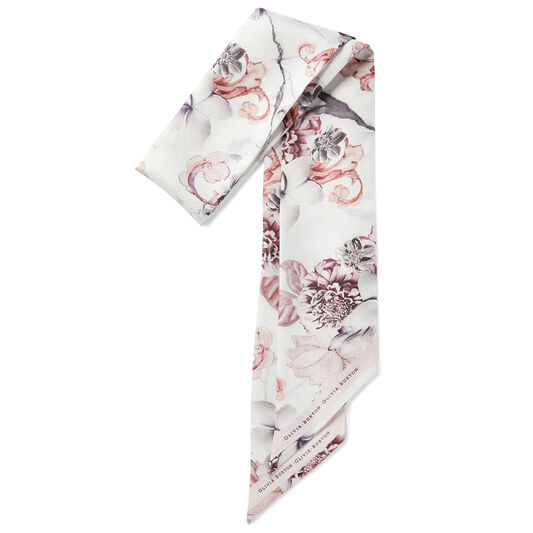 Marble Floral Skinny Silk Scarf White