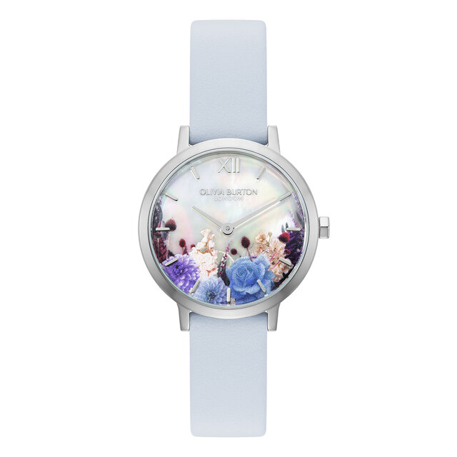 28mm Autumn Floral Silver & Blue Leather Strap Watch