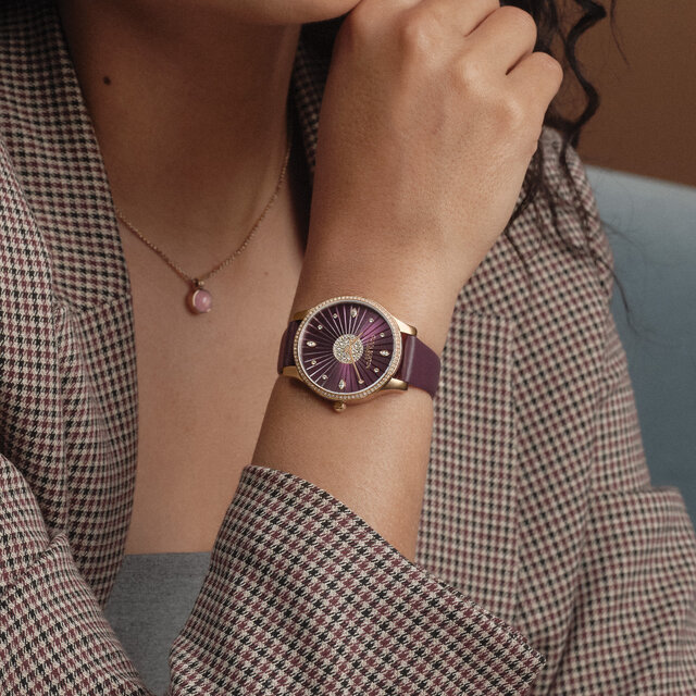 34mm Beaulieu Rose Gold & Cherry Lacquer Leather Strap Watch