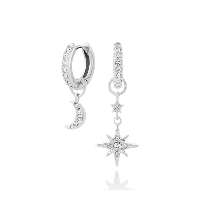 Silver Moon & Star Huggie Hoops