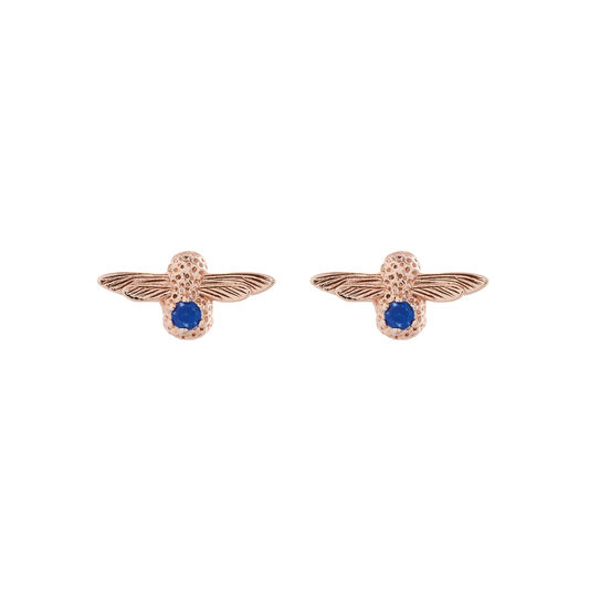 3D Bee Stud Earrings Rose Gold with Lapis Lazuli Gemstone