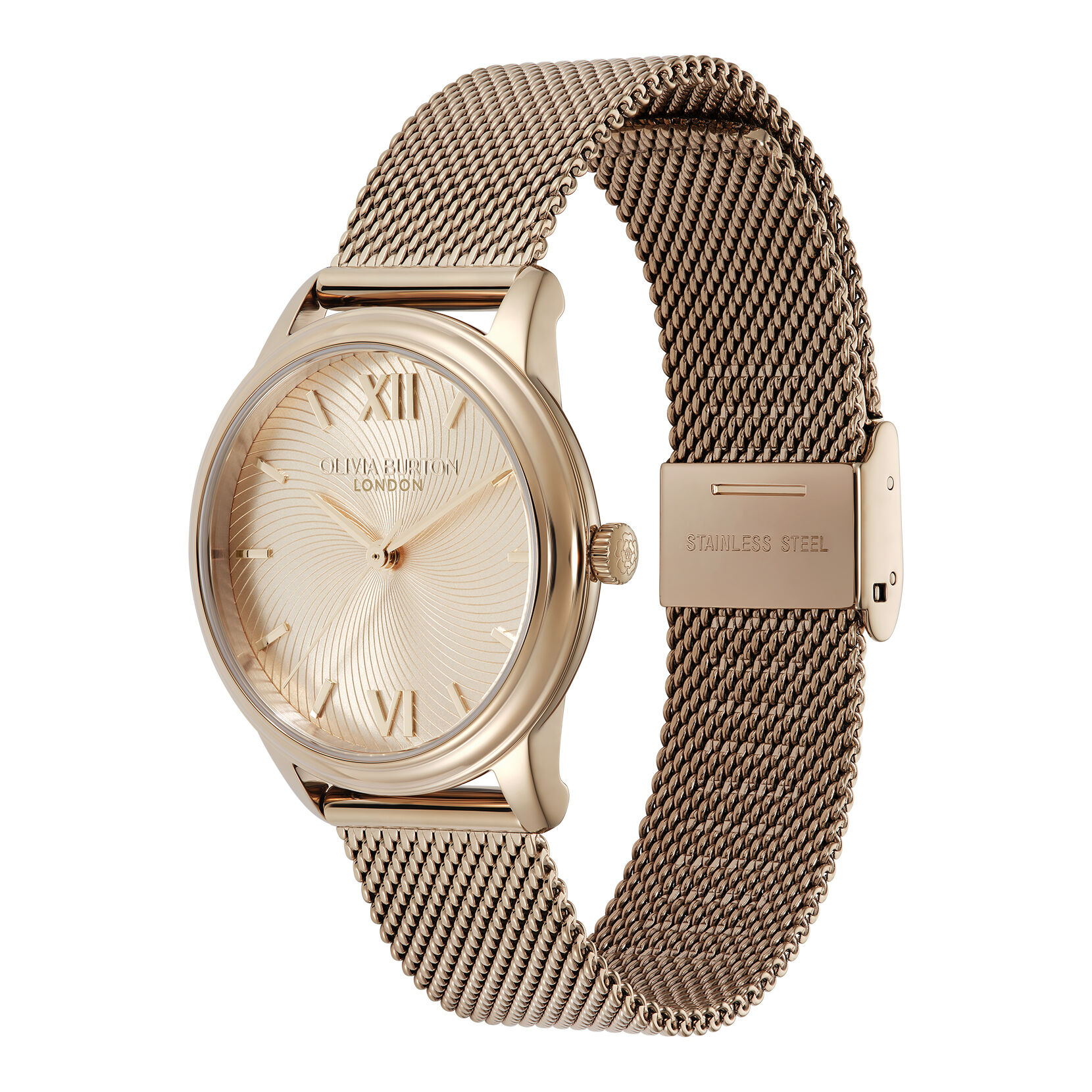 Classic 32mm Swirl Carnation Gold & Rose Gold Mesh Watch | Olivia