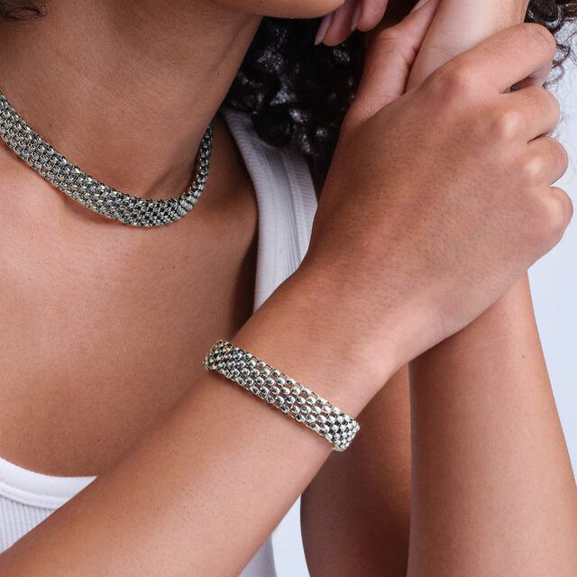 Chequerboard Link Silver Tone Bracelet