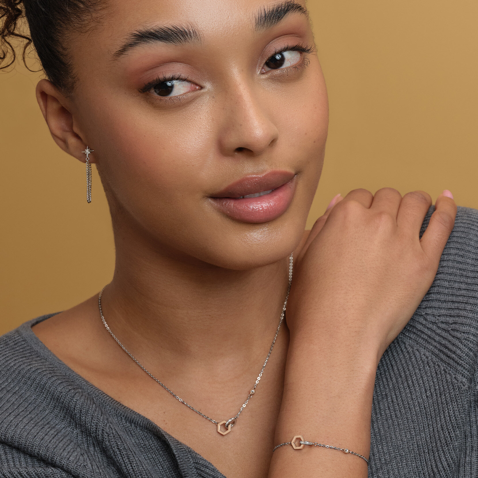 Hex Interlink Silver & Rose Gold Plated Bracelet & Necklace Gift Set