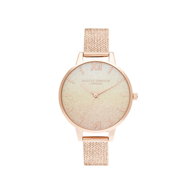 Sunset Ombre Glitter Demi Dial Rose Gold Boucle Mesh Watch