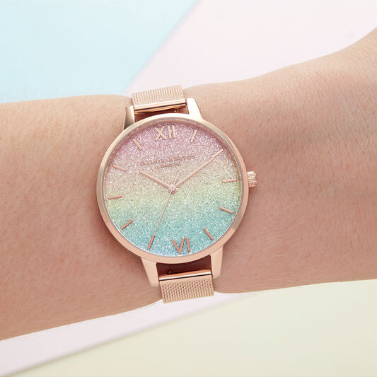 Rainbow Glitter Dial Rose Gold Mesh Olivia Burton London