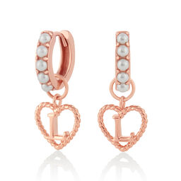 'L' Faux Pearl Heart Initial Huggie Hoop Rose Gold