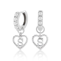 'S' Faux Pearl Heart Initial Huggie Hoop Silver
