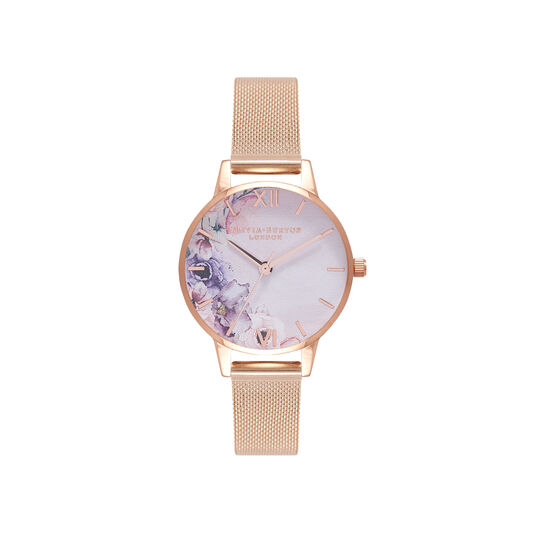 Watercolour Florals Gold Mesh Watch