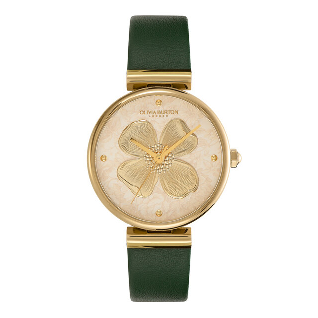 36mm Dogwood T-Bar Gold & Green Leather Strap Watch