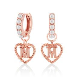 'M' Faux Pearl Heart Initial Huggie Hoop Rose Gold