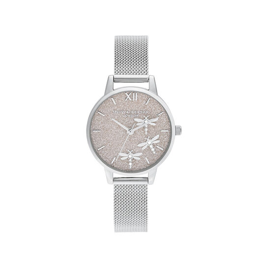 Dancing Dragonfly Blush Glitter Dial & Silver Mesh