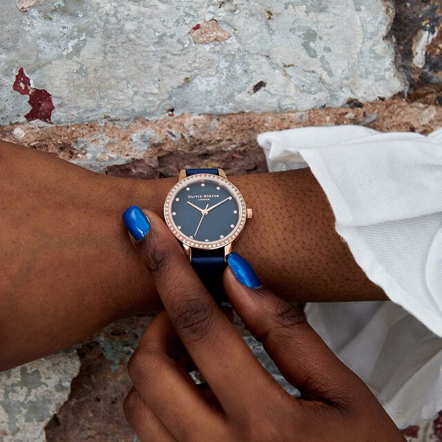 Classics 30mm Rose Gold & Blue Leather Strap Watch