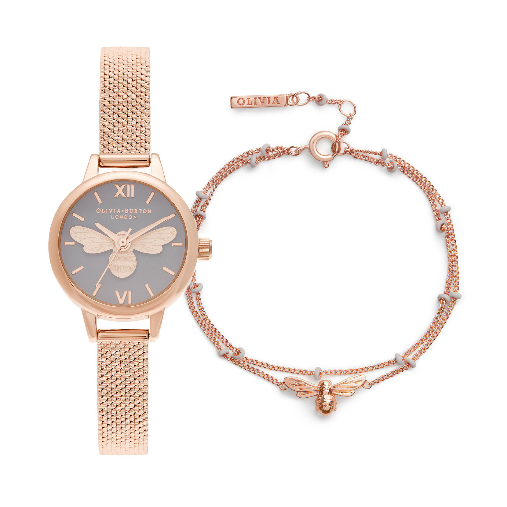 Lucky Bee 23mm gray & Rose Gold Mesh Watch & Bee Bracelet Gift Set