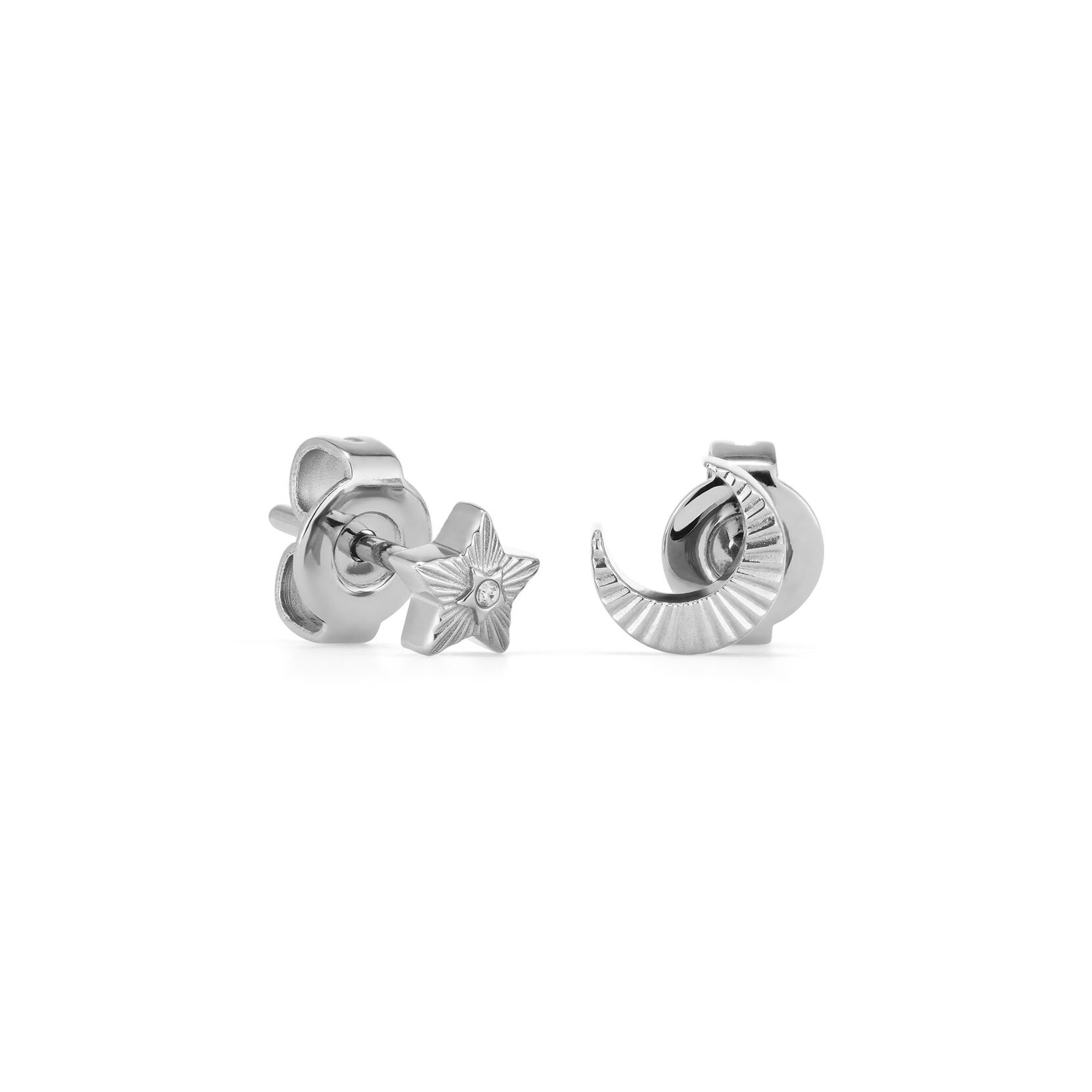 Celestial Mini North Star and Moon Silver Tone Stud Earrings