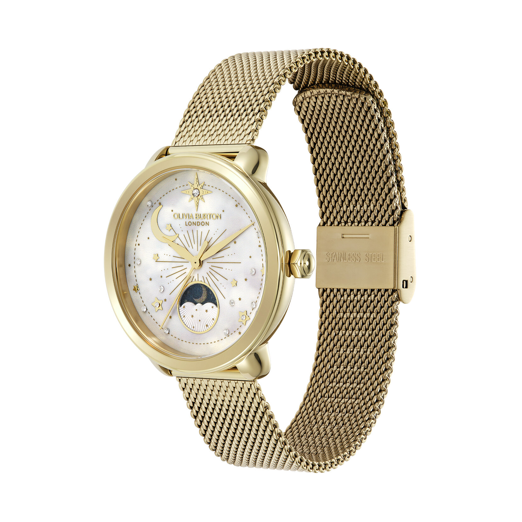 34mm Moon Phase White & Gold Mesh Watch